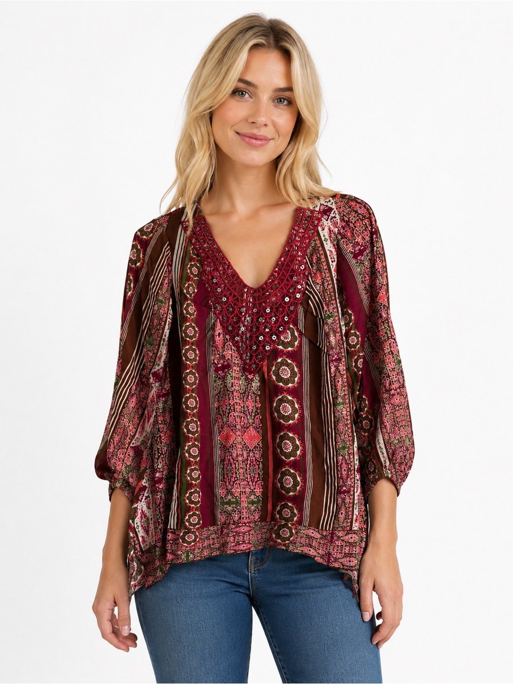 One World 3/4 Sleeve Top Floral Paisley Size Large